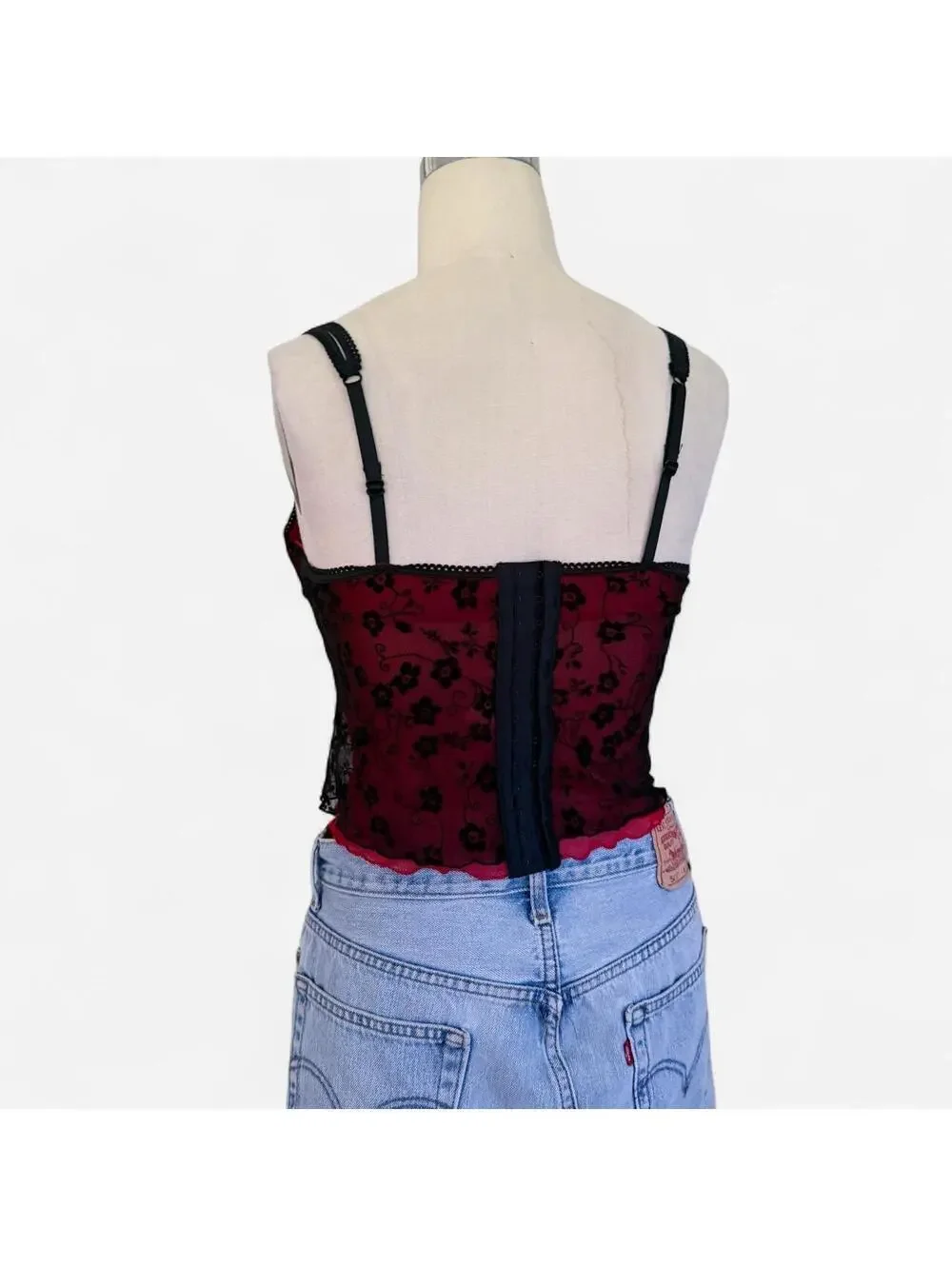Vintage Y2K Red Black Floral Lace Bustier Corset Top in Burgundy